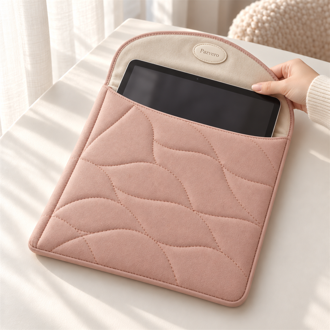 Pazvero Blush Petal Tablet Pouch fit and detail view