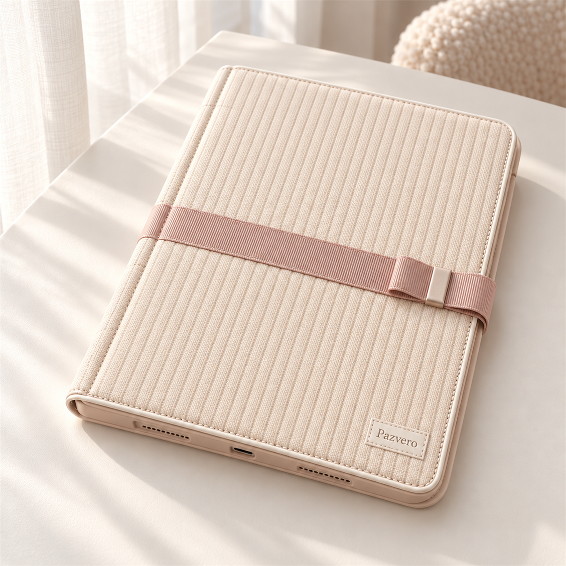 Pazvero Cream Ribbed Bow Folio fit and detail view