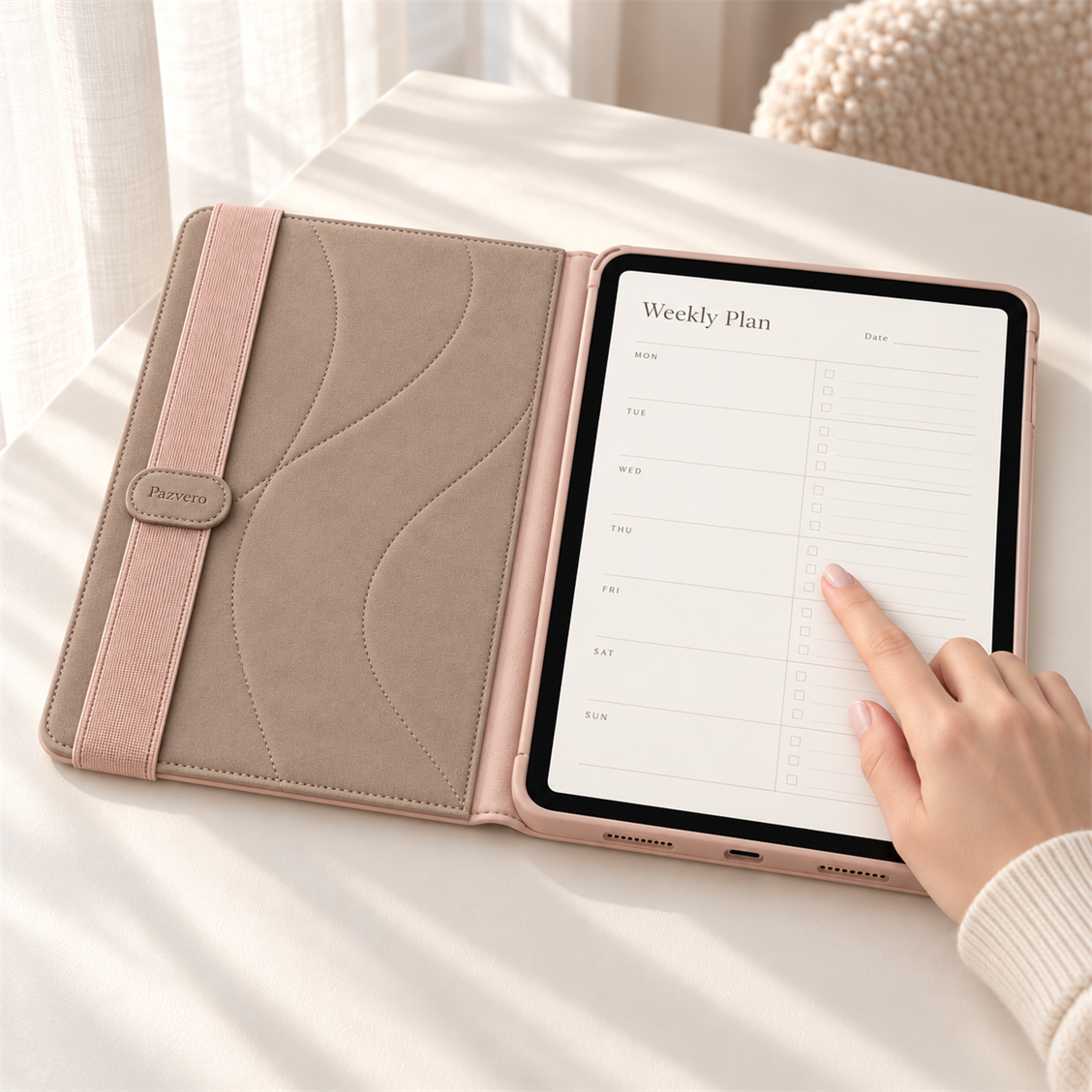 Pazvero Taupe Wave Stand Folio fit and detail view